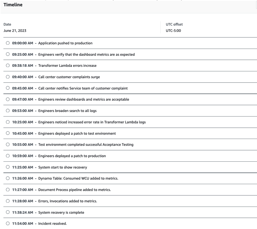 The Timeline tab of Incident Manager completed with the example Timeline data. 