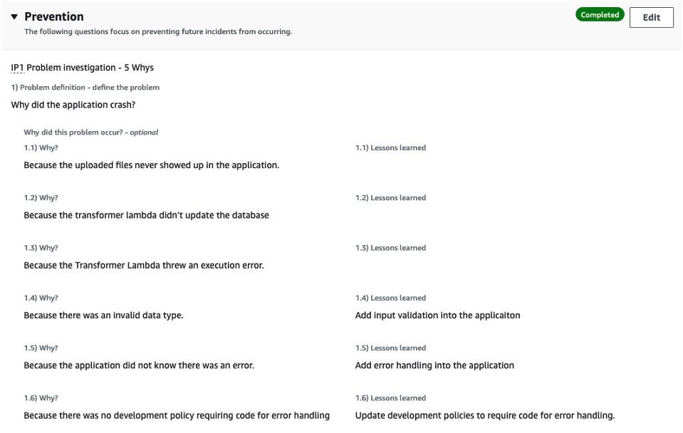 The prevention section of Incident Manager completed with the example 5 whys data. 