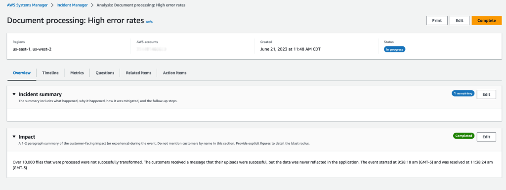 This is a screenshot of the AWS console displaying the Impact section of Incident Manager completed with the example impact data