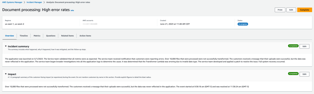 The Incident summary section of Incident Manager completed with the example summary data