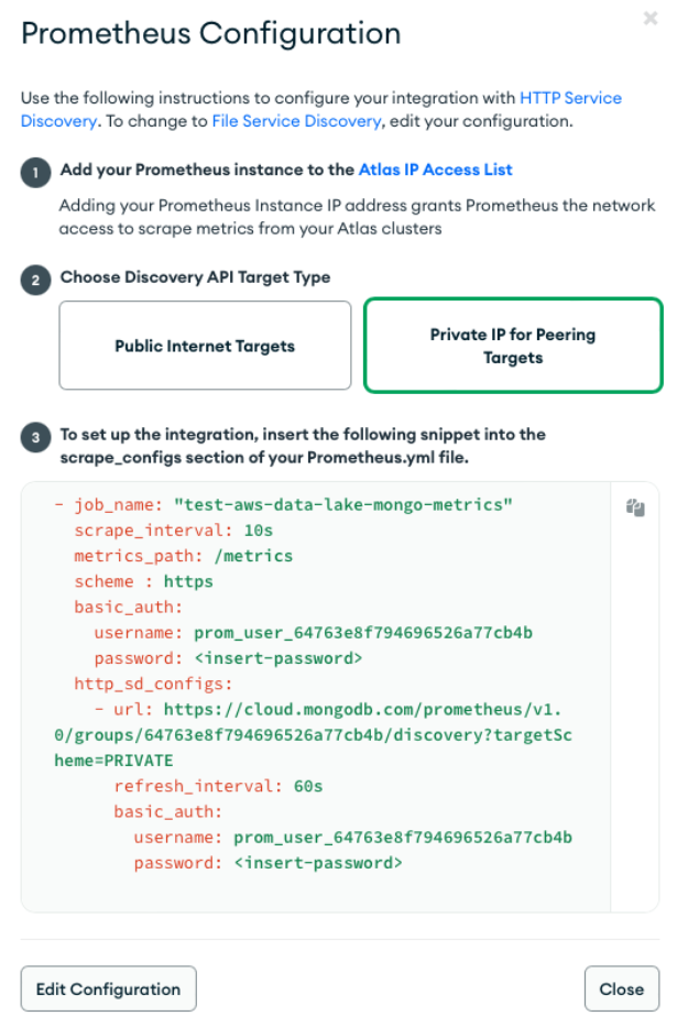 Prometheus scrape configuration example for VPC peering connection