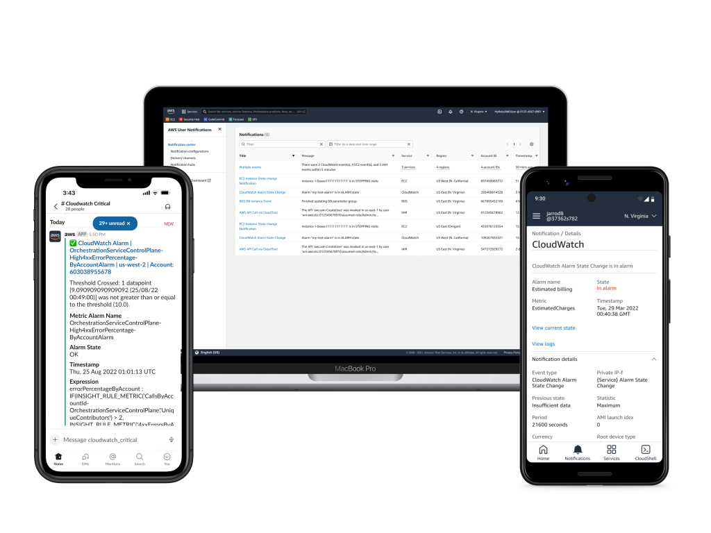 Image of CloudWatch event notifications, via the new AWS User Notifications service, on computer and mobile devices. When you are away from your computer, you can receive AWS User Notifications on-the-go using the AWS mobile application.