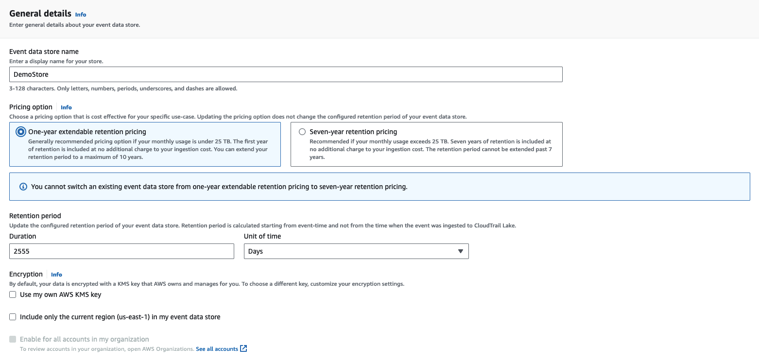 Event data store configuration screen