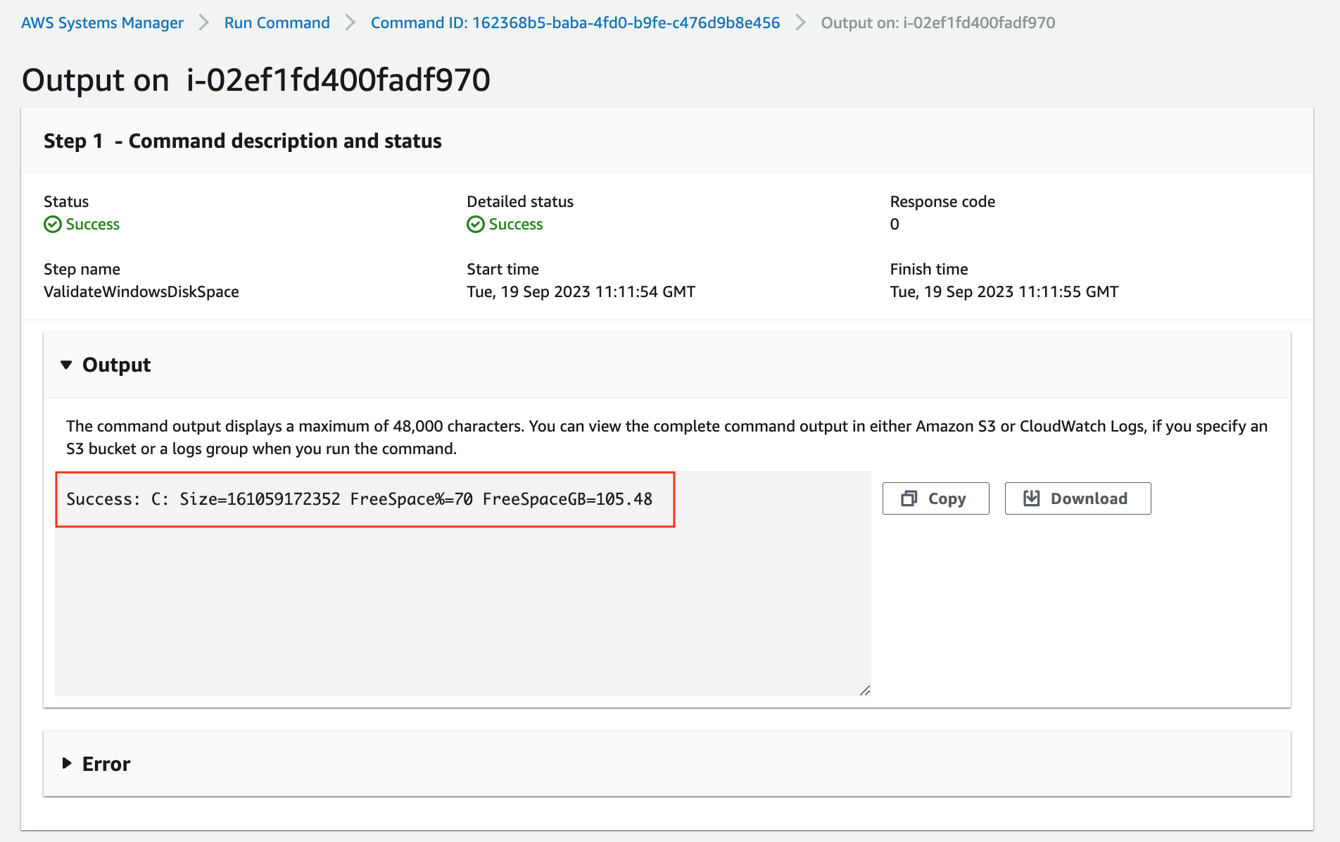 Output from Run Command execution
