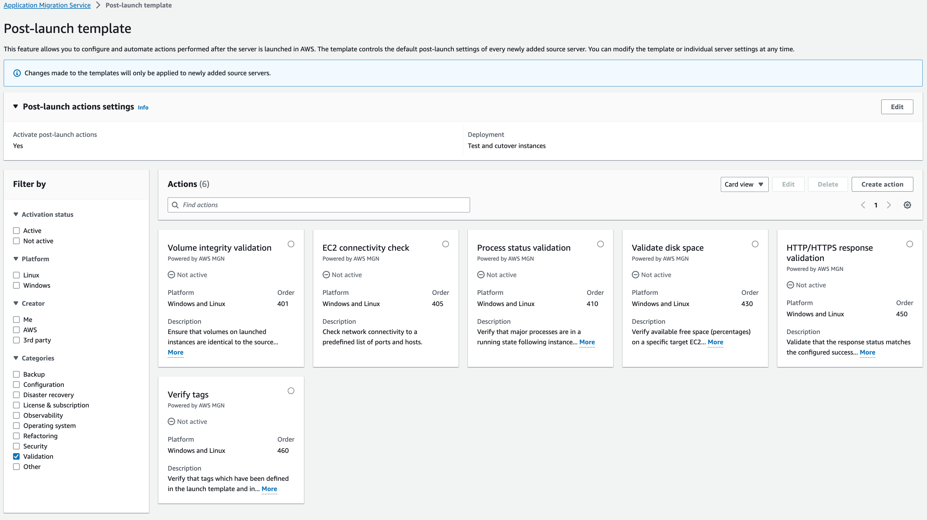 Post-launch settings for a single source server, filtered by Validation category