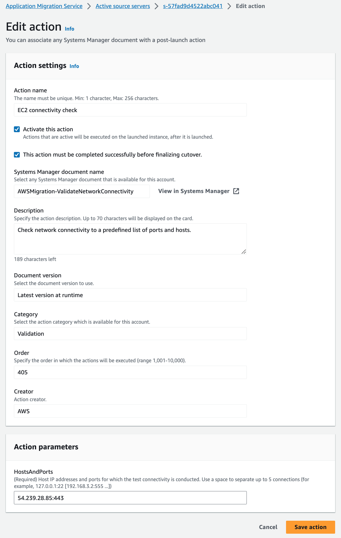 EC2 connectivity check configuration details