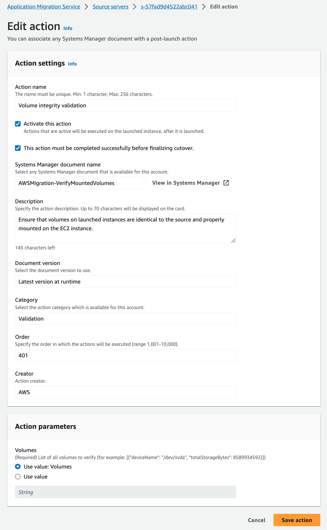 Volume integrity validation configuration details