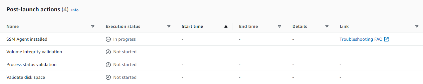 Execution Status of Post-launch actions for the Windows Server, showing the first action: SSM Agent installed In progress and the other actions Not Started