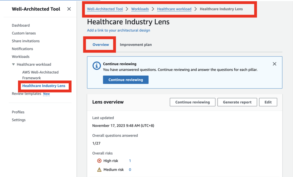 In the lens overview page under workload, you can see all the detail for lens review.