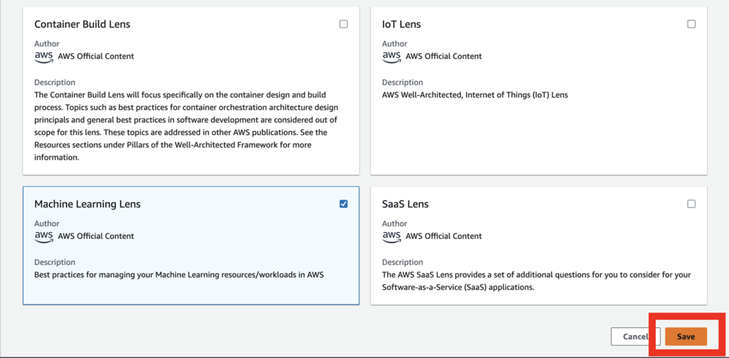 In Lens Catalog, click Machine Learning Lens to append to workload, then Save.