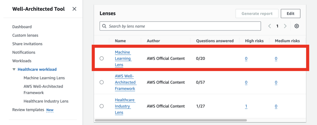In the lens overview page under workload, in the Lenses list now we have Machine Learning Lens been applied. 