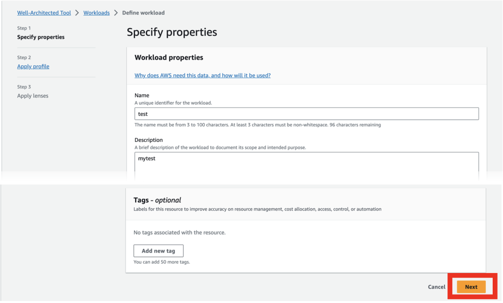 Step 1 in the Define Workload, fill in the required information for this workload.