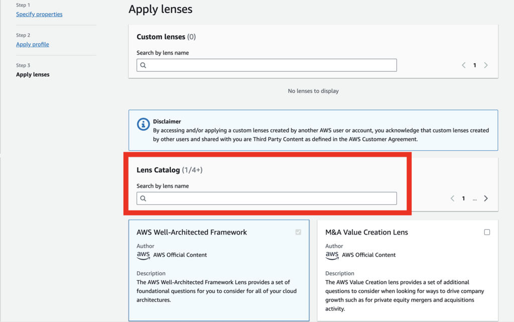 Step 3 in the Define Workload, select lenses to apply to workload. In Lens Catalog you can browse or search.