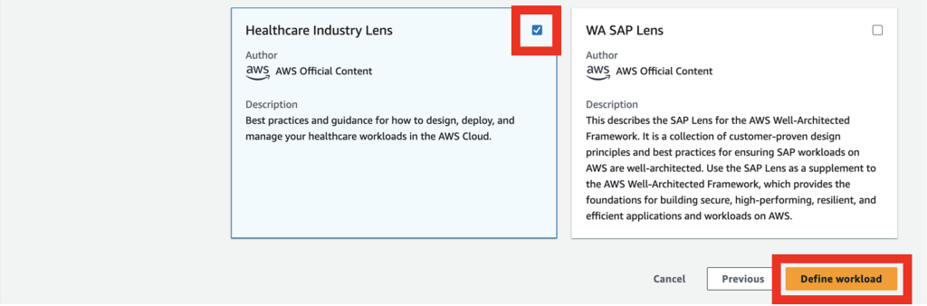 Step 3 in the Define Workload, Lens Catalog, select target lens and click "Define Workload'
