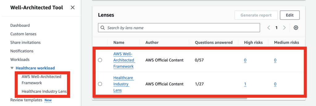 In the lens overview page under workload, in the Lenses list now we have AWS Well-Architected Framework and Healthcare Industry Lens.