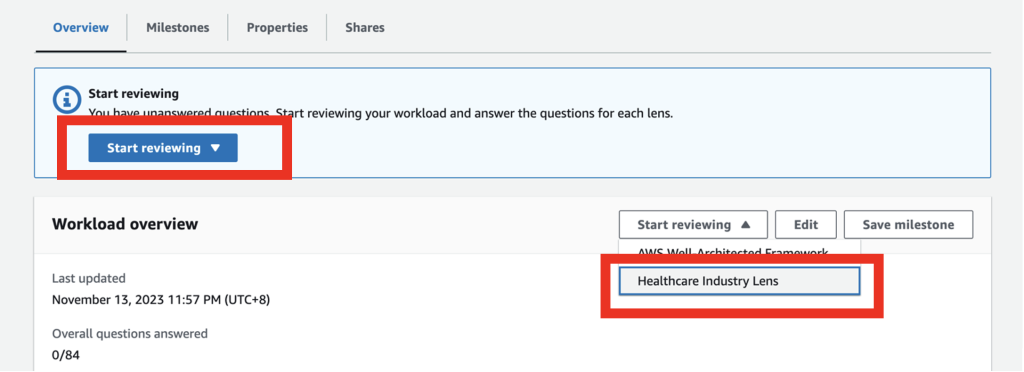 In the workload overview page, you can start reviewing through drag down menu.