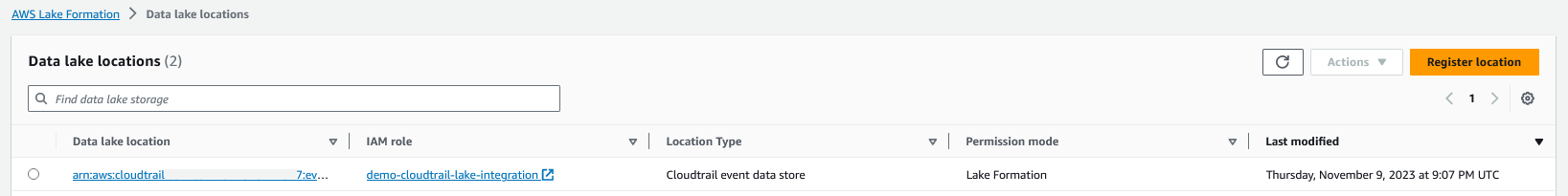Figure shows event data store as a location in AWS Lake Formation
