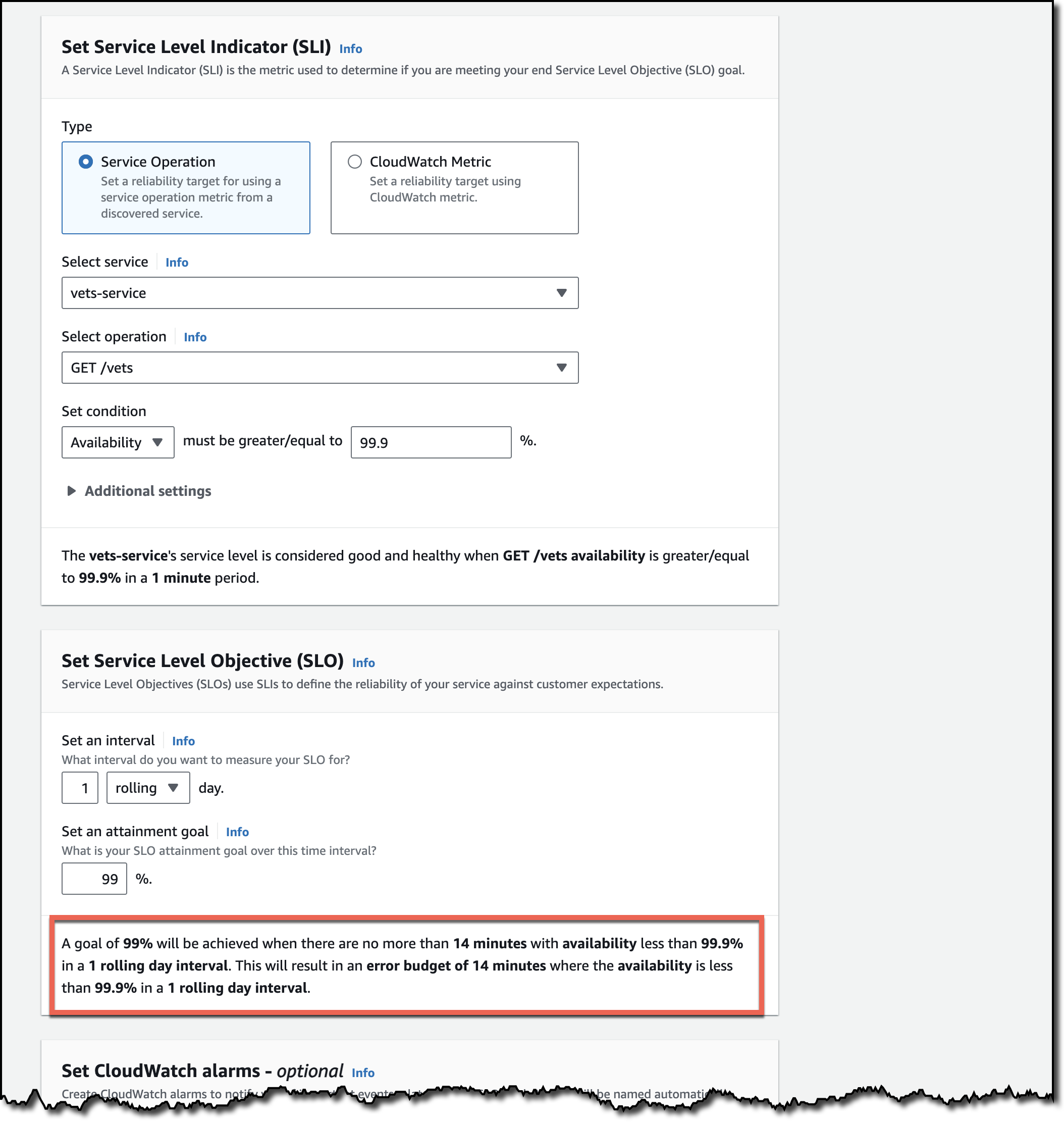The create a service level objective screen, where you set the service level indicator type, the service and operation, the condition that determines if the SLO is met or not, and the service level objective.