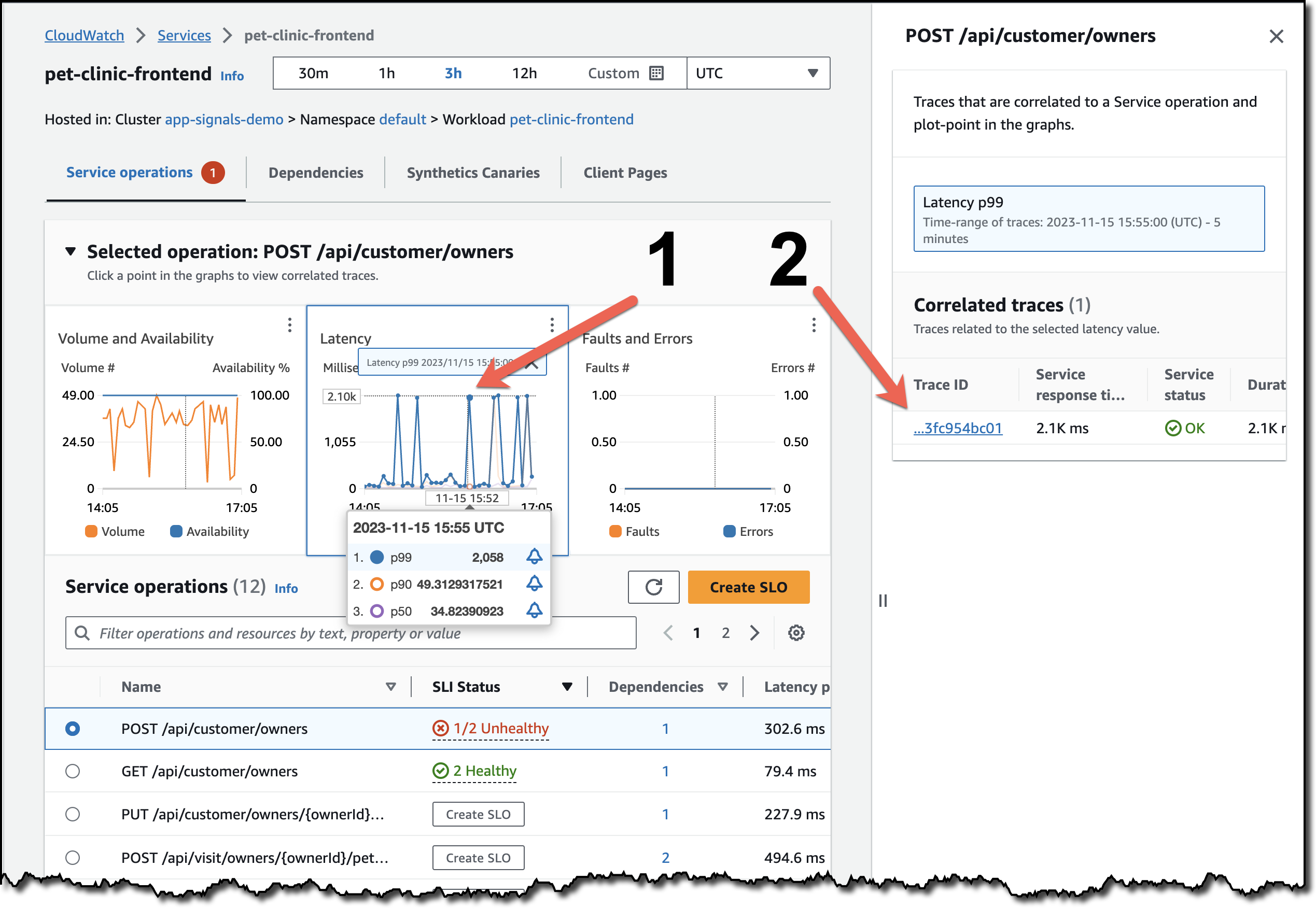After selecting the POST /api/customer/owners’ operation, I click on data point on the latency graph, which then displays correlated traces.