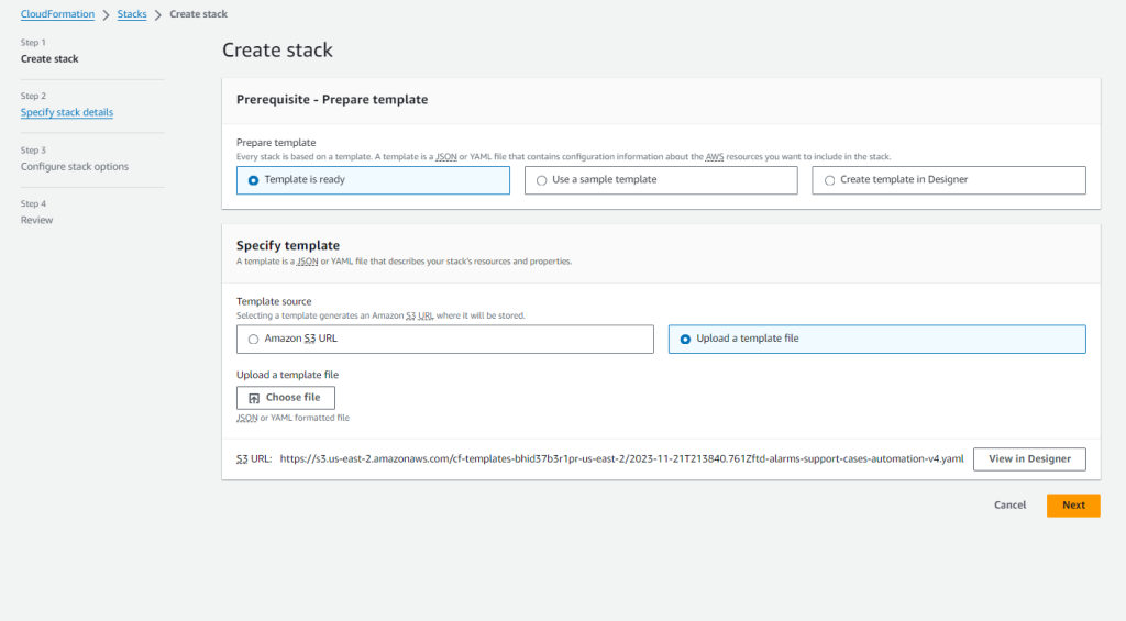 Step 1 during stack creation where the YAML file location needs to be provided