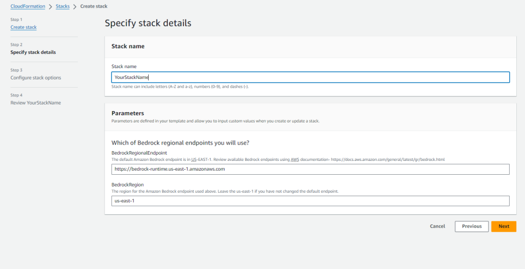 Step 2 is specifying stack details during the CloudFormation deployment for the solution