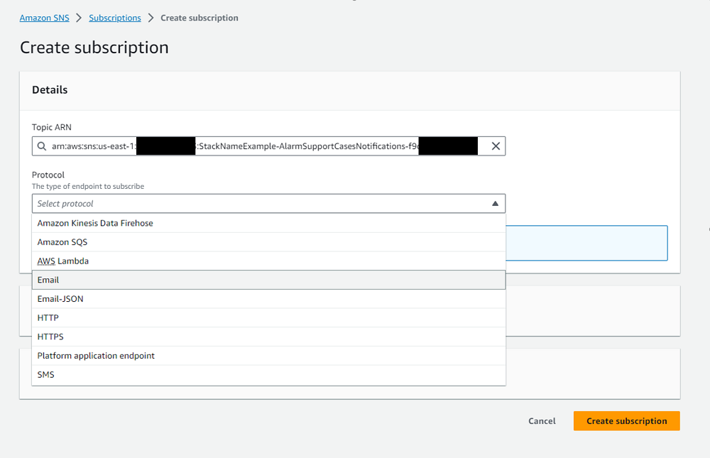 SNS protocol endpoint selection view in SNS console under the solution SNS topic that users can subscribe to receive notifications.