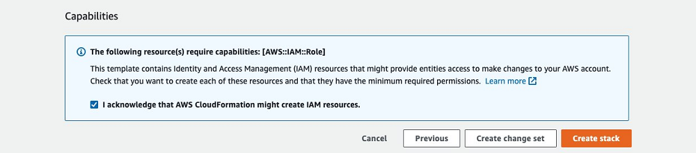 Showing step 4 of the stack deployment where user acknowledgment is required.