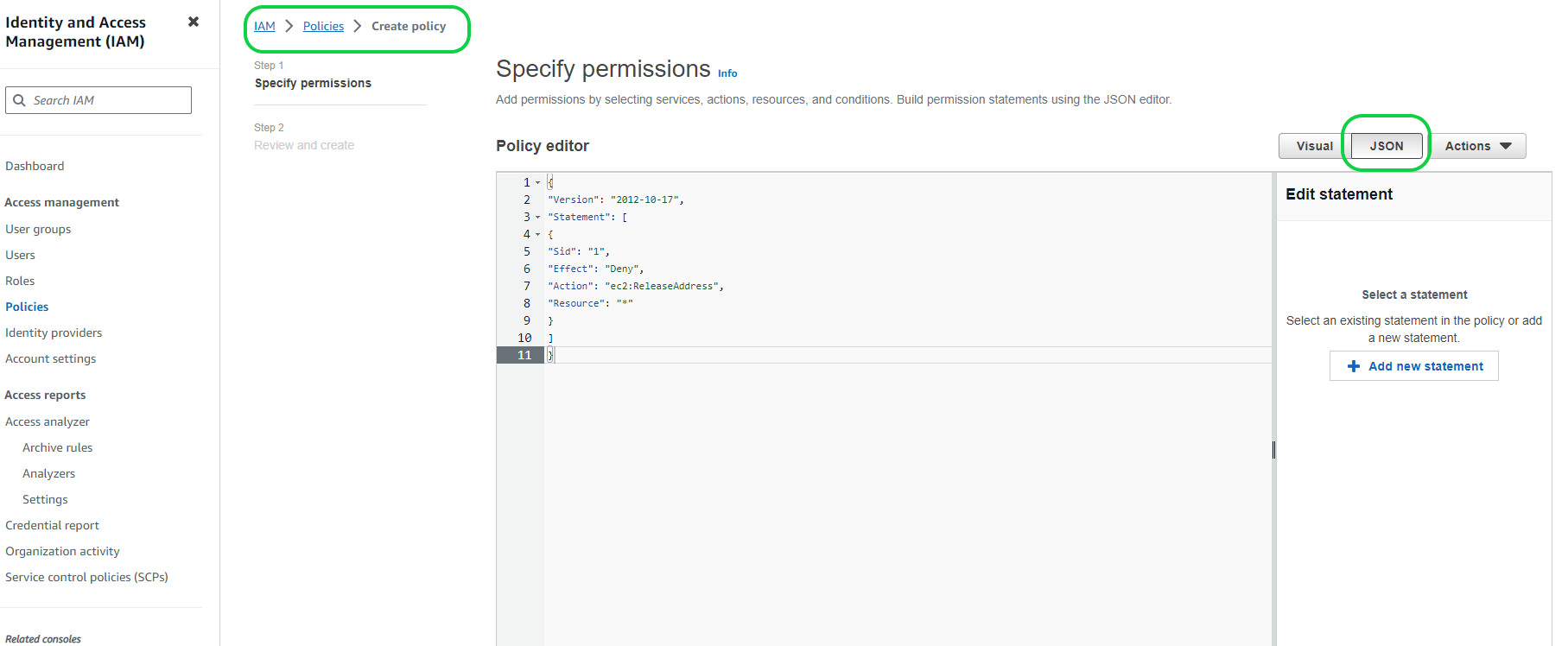 Figure 3: Create customer managed policy in AWS console