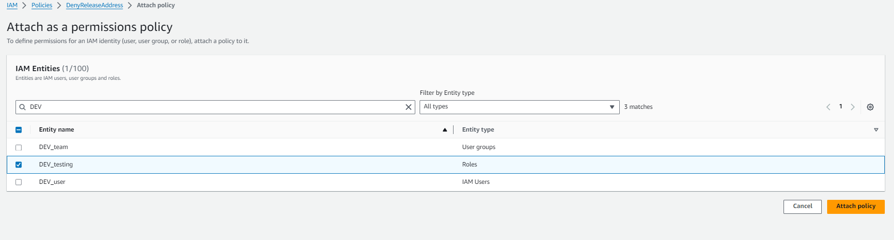 Figure 4: Attach customer managed policy to IAM role in AWS console