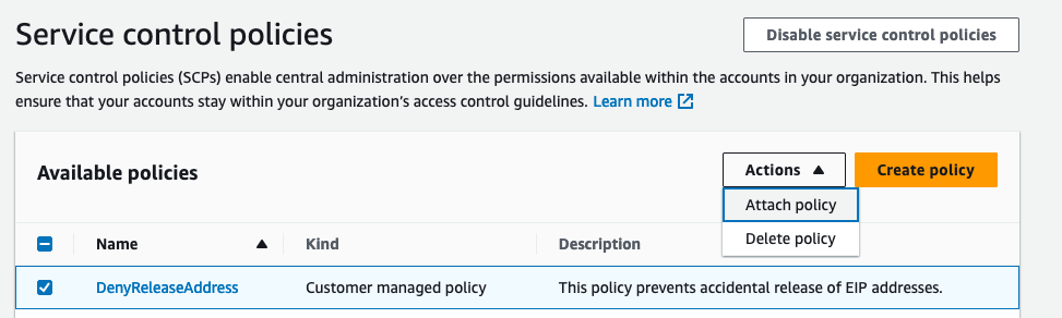 Figure 9: Attach SCP policy via AWS Console