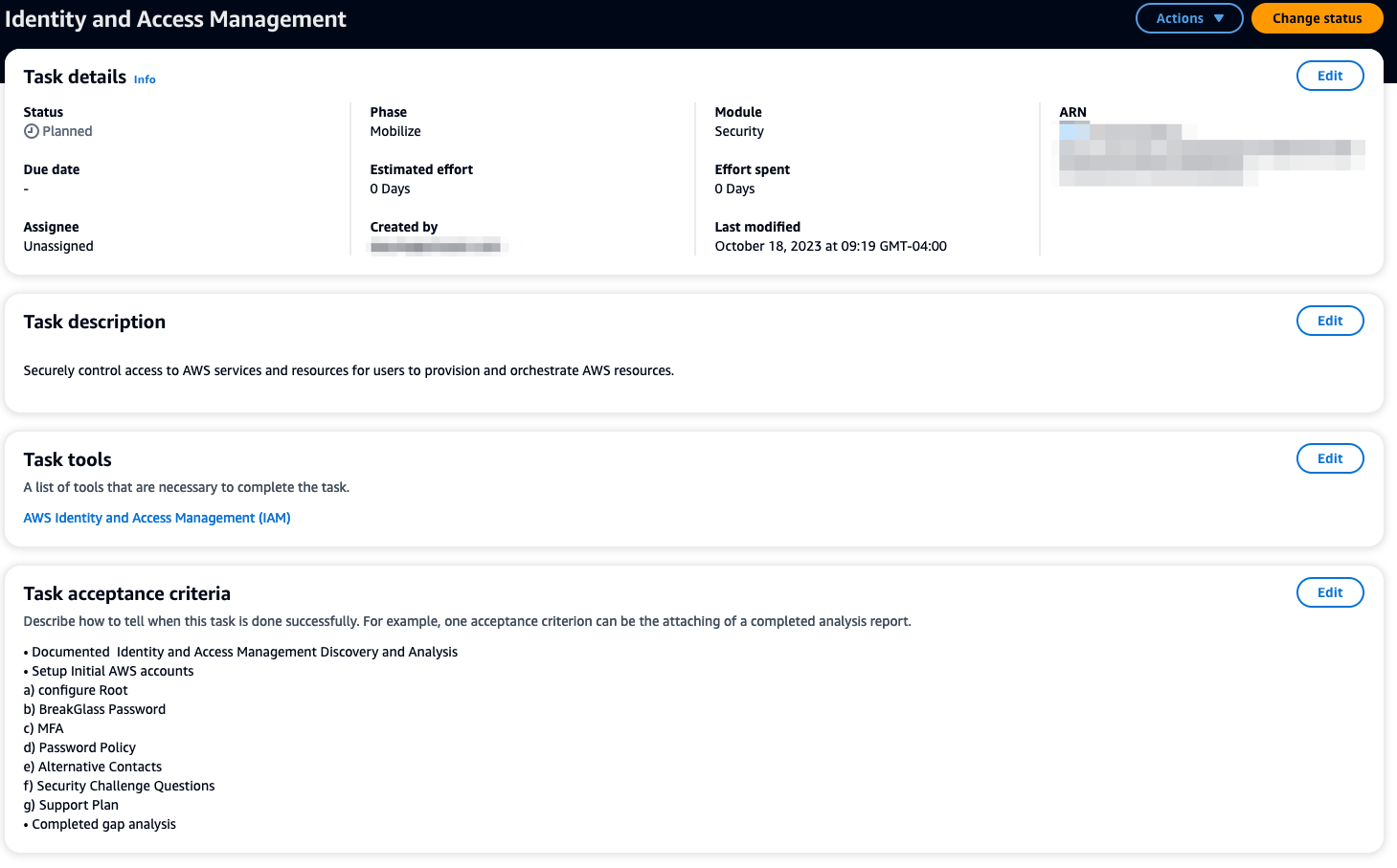 Overview of Migration journey task details