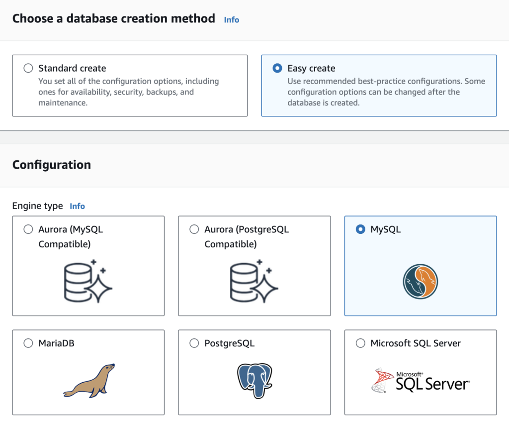 Image showing RDS instance creation setup in AWS console