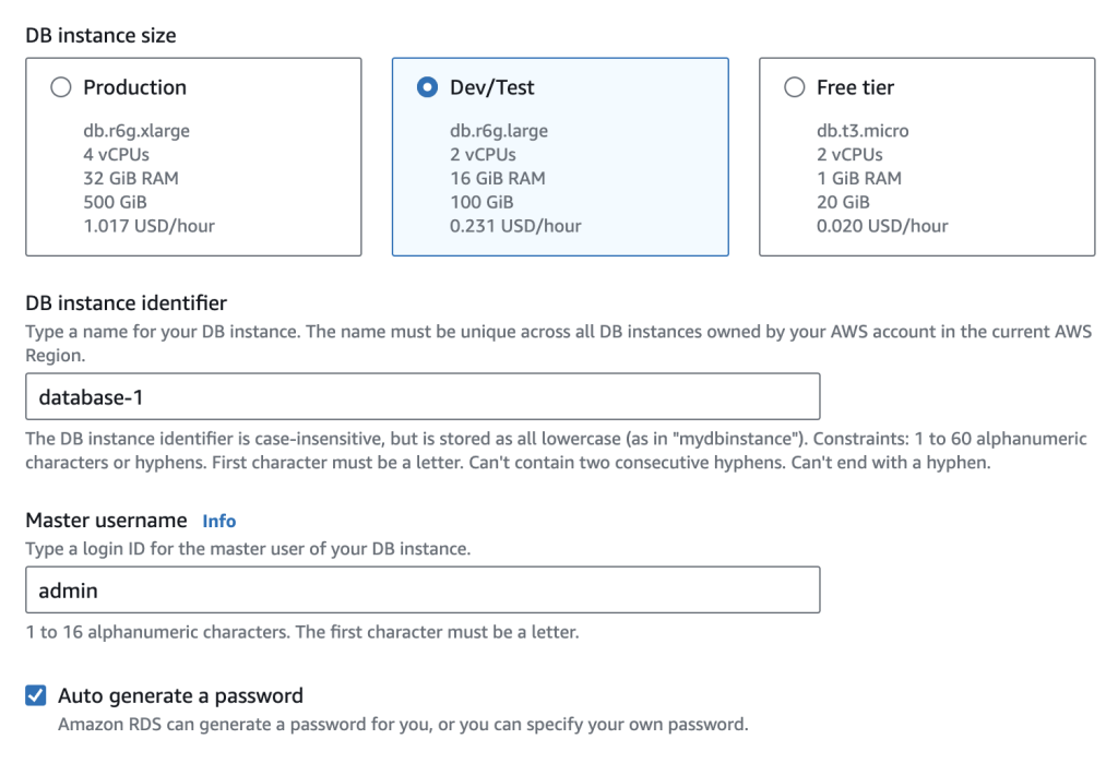 Image showing choices for the instance size in the AWS console