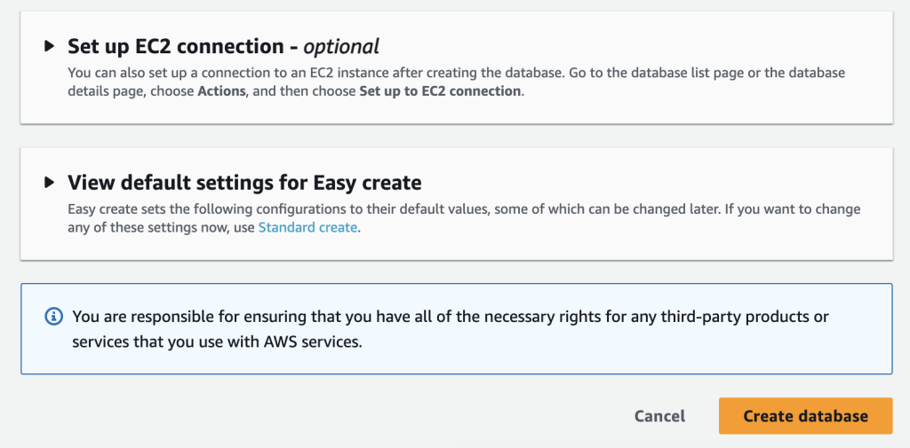 Image showing Database instance creation in the AWS console