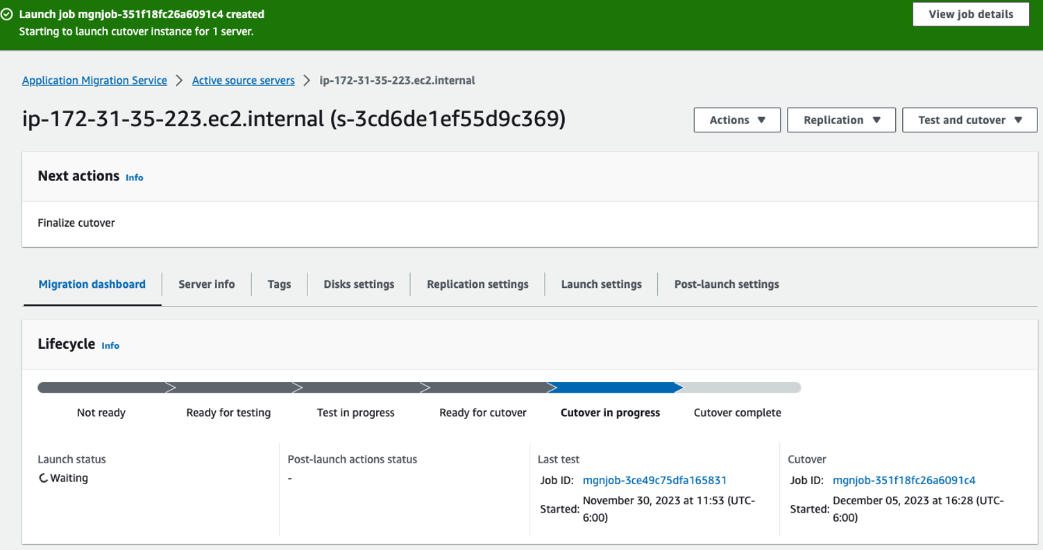 Status is set to Cutover in progress