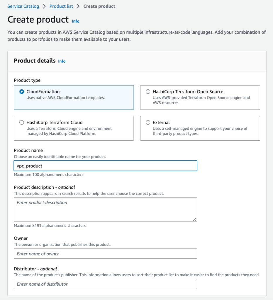 Create a new product in AWS Service Catalog