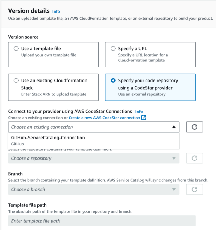 Specify your code repository using a CodeStar provider option, selecting your connection to GitHub