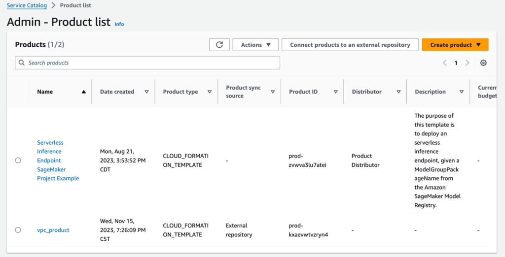 AWS Service Catalog admin view, showing all uploaded Products