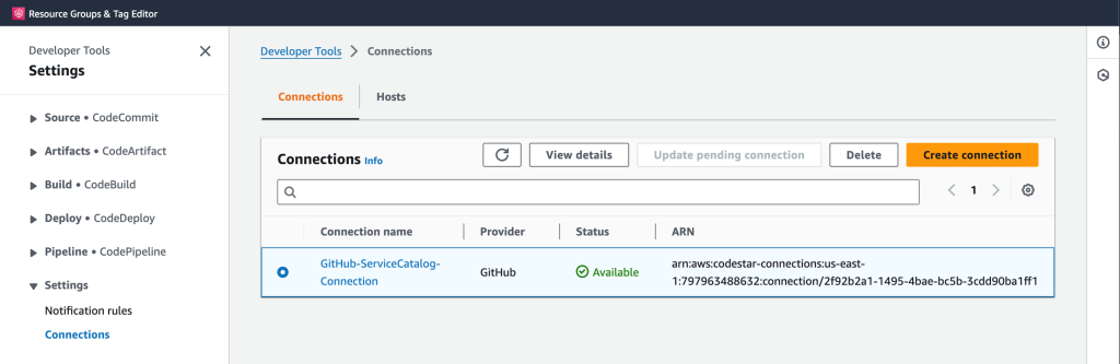 AWS Developer Tools / CodeSuite, list connections