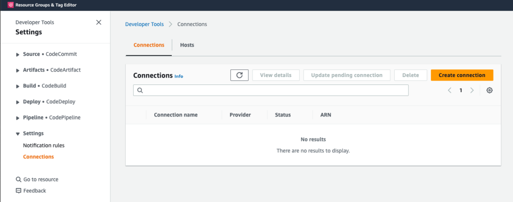 AWS Developer Tools Connections “Create Connection”