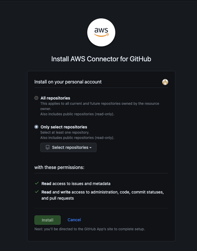 Confirm installation of AWS Connector for GitHub