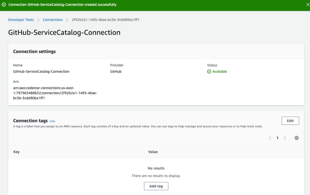 The connection was created successfully and the Status is Available