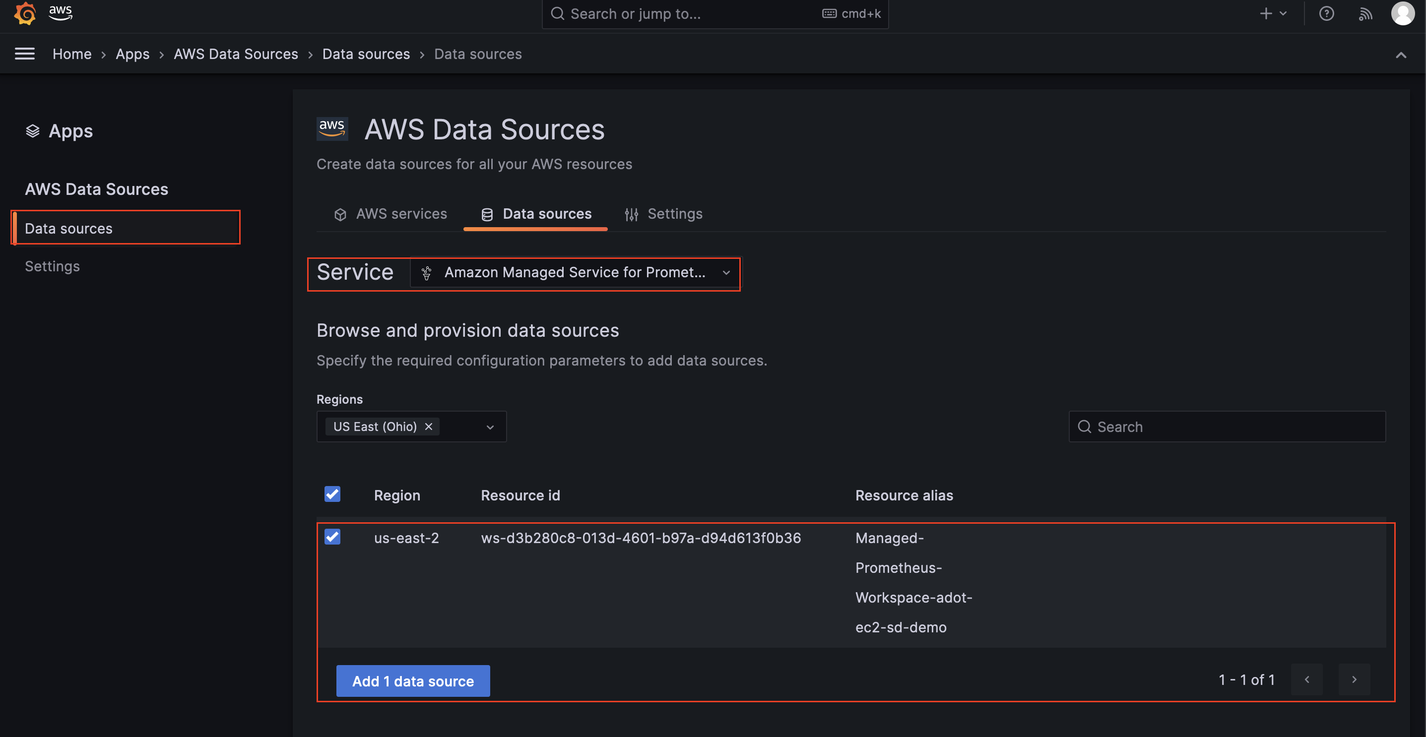 Console screenshot for Configuring Amazon Managed Service for Prometheus as a data source for Amazon Managed Grafana