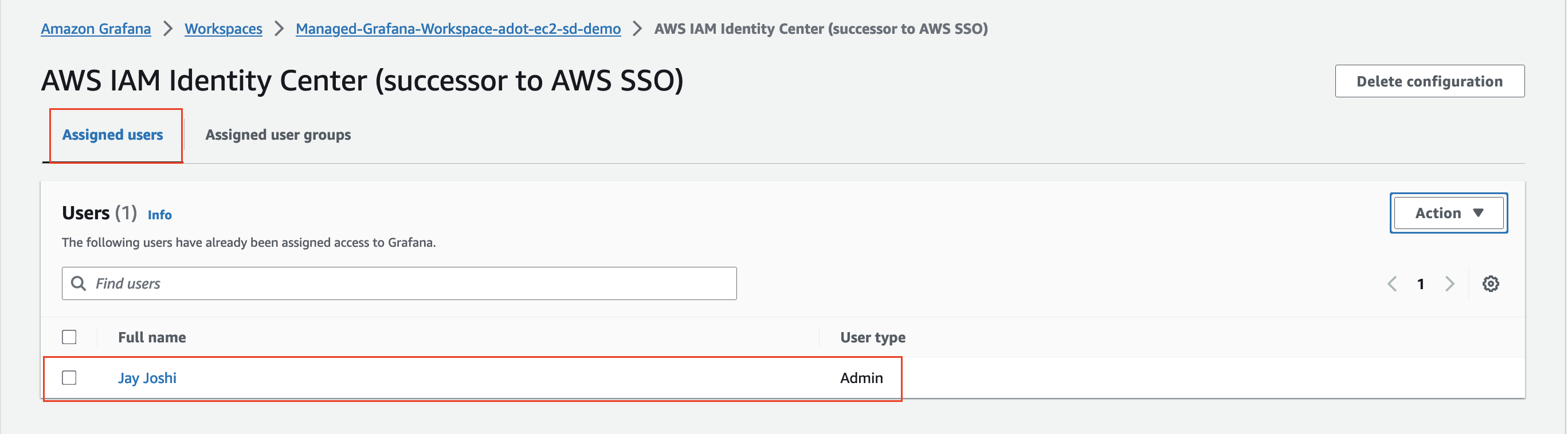 Console screenshot of Amazon Managed Grafana user access using AWS SSO.