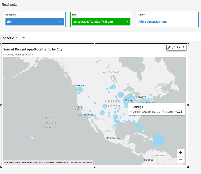 Example of a map visualization showing top cities by total percentage of traffic