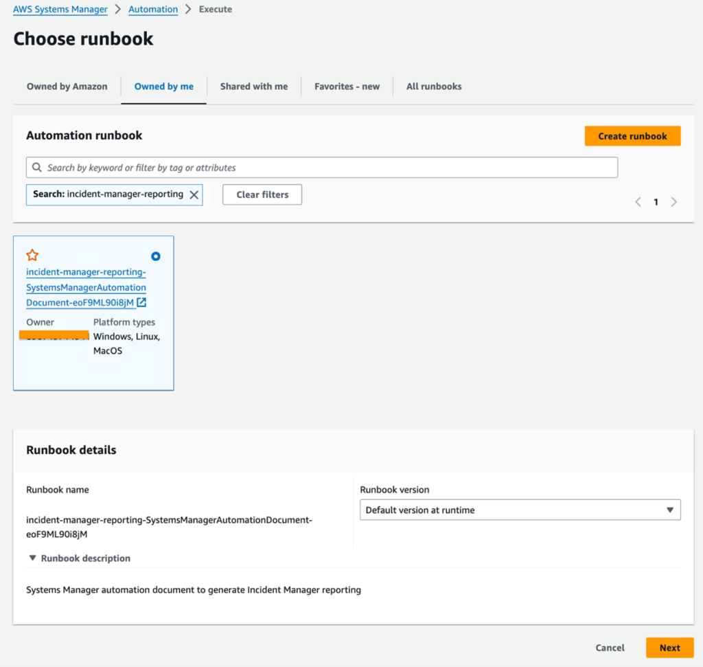This image describes on navigating to automation console and selecting the incident-manager-reporting document for execution