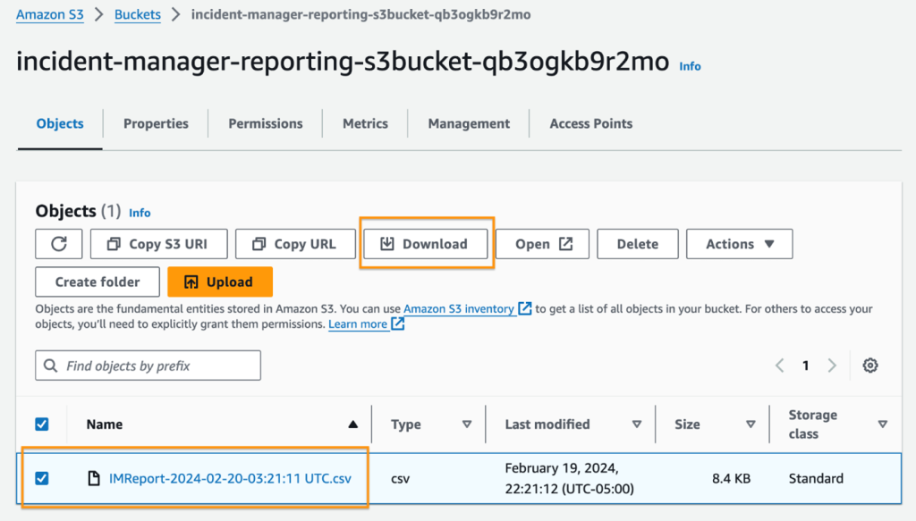 This image shows CSV report file in the Amazon S3 and download option