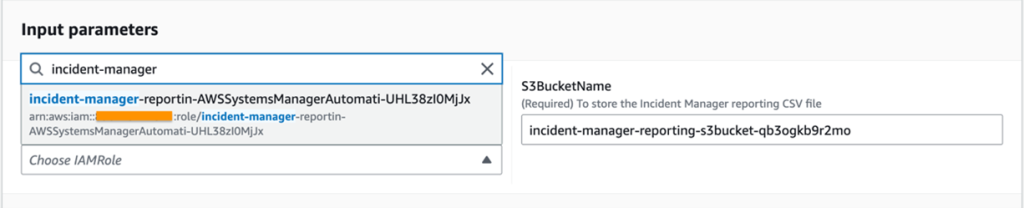 Input parameter section displays an IAM Role field and S3BucketName where values from CloudFormation output resources are entered