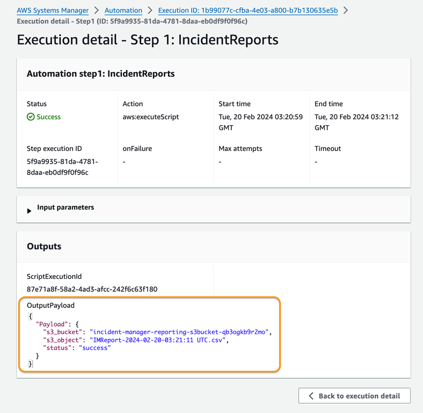 This image displays the output payload parameters of the automation execution. Output payload includes s3 bucket name, s3 object name and status of the automation.