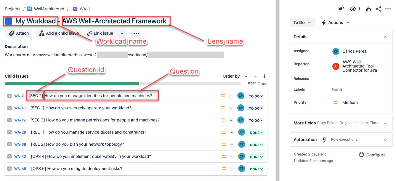 [Image of Jira epic section with workload name and question highlighted as epic title and story]